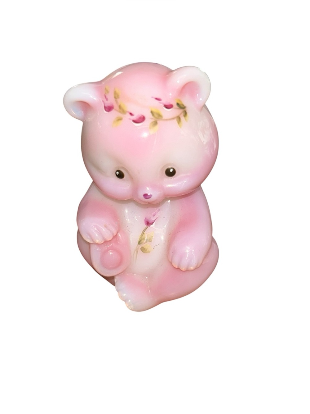Fenton 100 Years 2005 Hand Painted Pink Satin Glass Bear Figurine Floral Signed